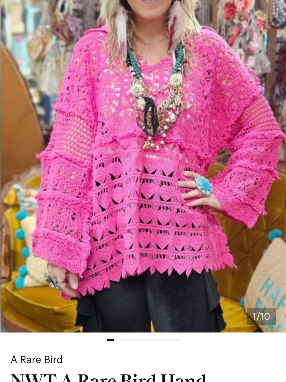 203-1190 New A Rare Bird Women's Hot Pink Crochet Pullover Hoodie cotton